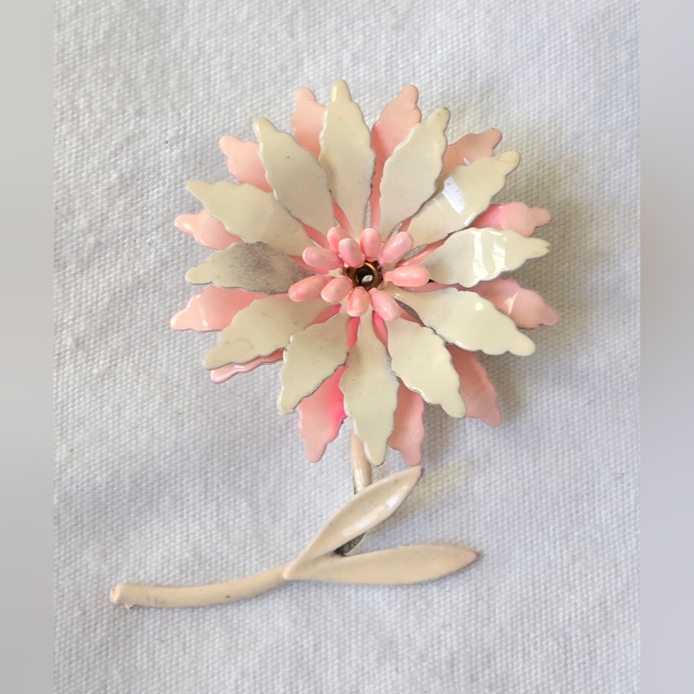 Vintage Mid Century Metal Enamel Flower Brooch w/ Stem Pink & White